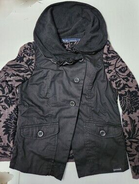 BLUE WILLI'S WOMEN'S MID-LENGTH JACKET BLACK/BROWN FLORAL BUTTONS SIZE M